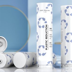 100% recyclable mono-material squeeze tubes made from PE, featuring eco-friendly designs with green recycling symbols for sustainable packaging.